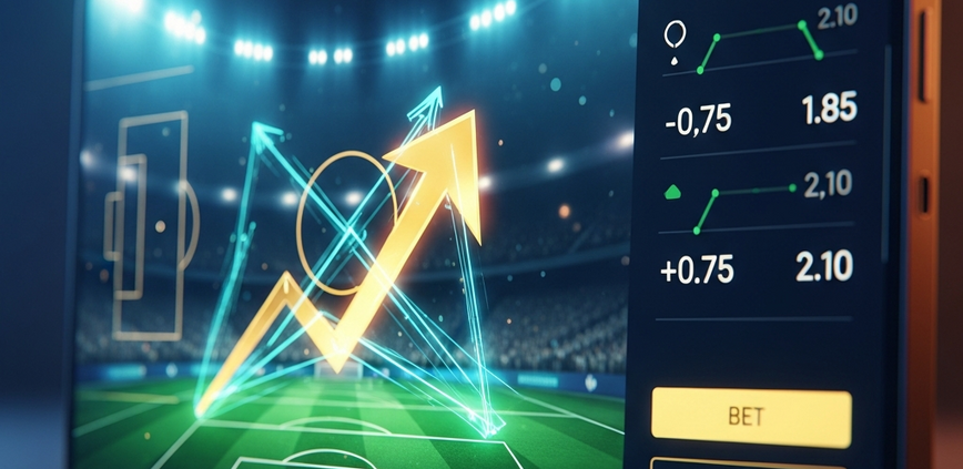 Premium online sports betting interface showing Asian Handicap odds for a football match, with abstract graphical elements representing the handicap concept, designed for Malaysian players.