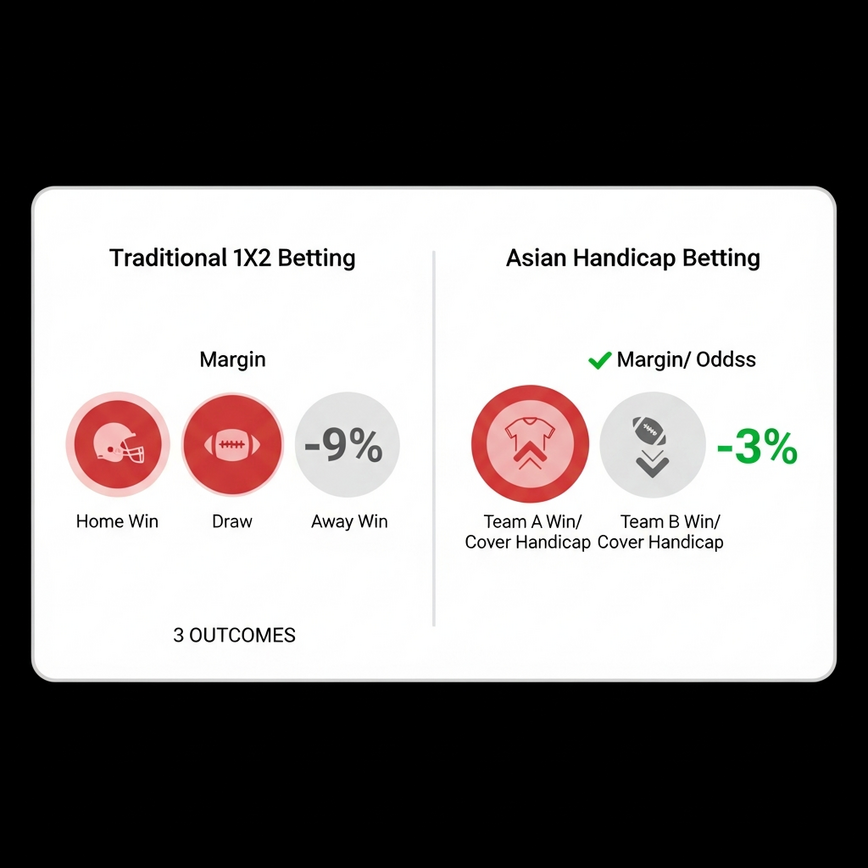 Visually compares Asian Handicap betting with traditional 1X2 betting, highlighting the key difference of eliminating the draw and offering better odds.