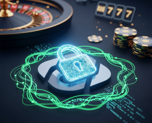 Sleek online casino e-wallet interface with a glowing padlock icon and encrypted data streams, symbolizing secure transactions and player fund protection.
