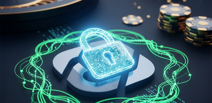 Sleek online casino e-wallet interface with a glowing padlock icon and encrypted data streams, symbolizing secure transactions and player fund protection.