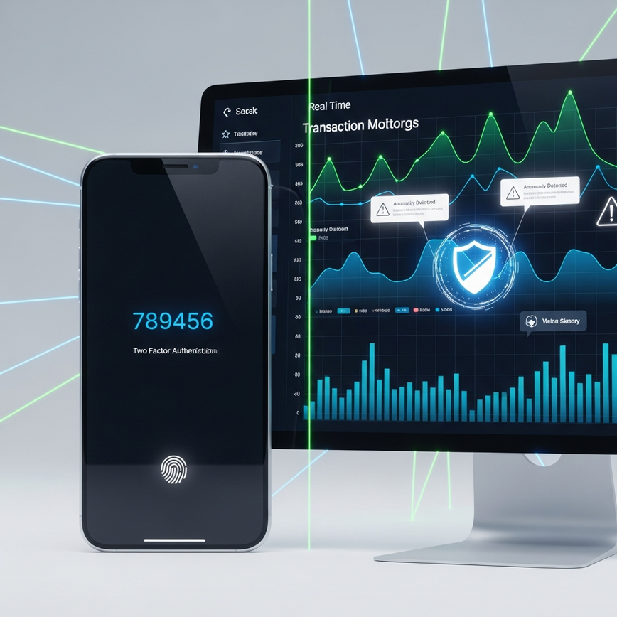 Illustrates key e-wallet safety features like Two-Factor Authentication (2FA) and real-time transaction monitoring.