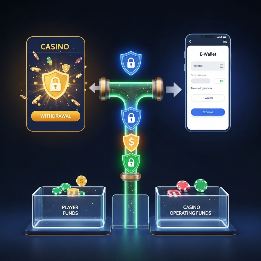 Visualizes the secure withdrawal process and the concept of segregated player accounts in online casinos.