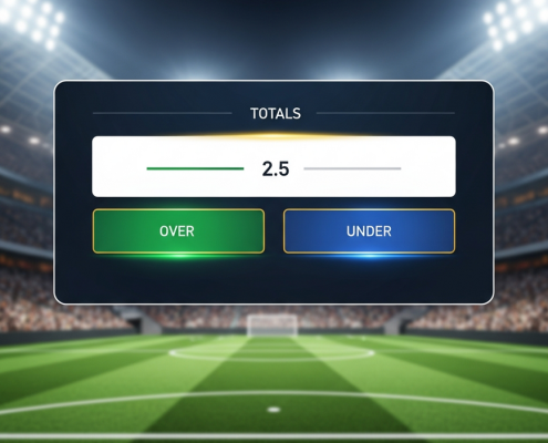 Dynamic online sports betting interface displaying 'Over' and 'Under' options with a numerical total line, representing totals betting for beginners in a modern, premium setting.