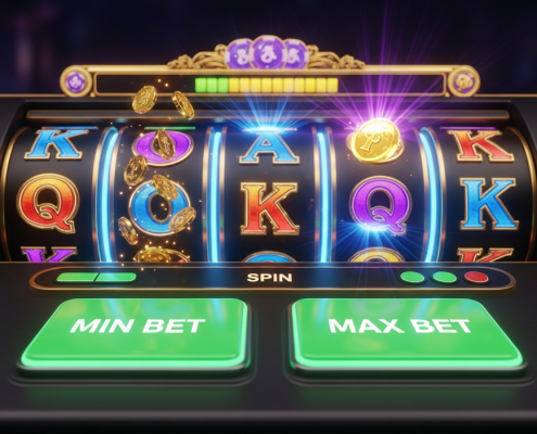 Dynamic online slot machine interface with prominent 'Max Bet' and 'Minimum Bet' buttons, visually contrasting a potential large win on the max bet side with a smaller win on the min bet side, illustrating strategic choices.