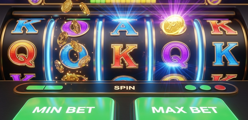 Dynamic online slot machine interface with prominent 'Max Bet' and 'Minimum Bet' buttons, visually contrasting a potential large win on the max bet side with a smaller win on the min bet side, illustrating strategic choices.