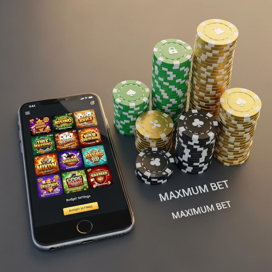 Visualizes bankroll management and risk assessment for online slot players, showing a mobile gaming setup with virtual casino chips.