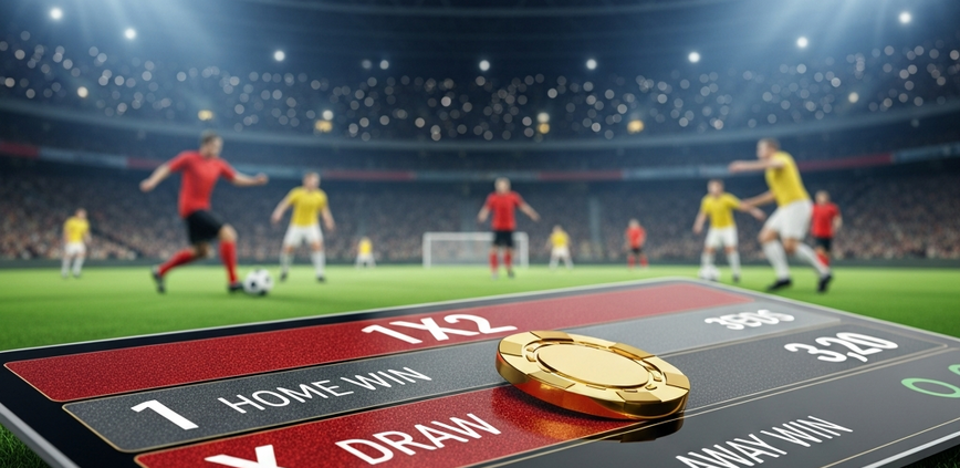 Dynamic online sports betting interface showing 1X2 (Win, Draw, Lose) football match odds, overlaid on a blurred, floodlit stadium background, evoking the excitement of online football wagering.