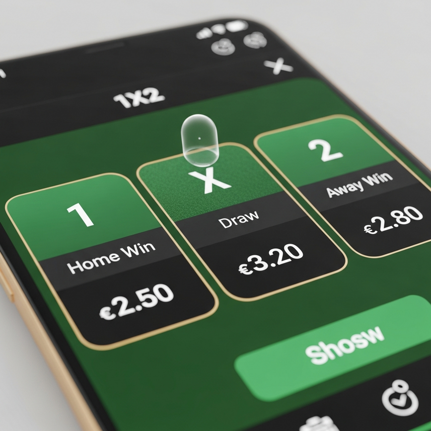 Illustrates the core concept of 1X2 betting by clearly showing the '1', 'X', and '2' options with associated odds on a digital betting slip.