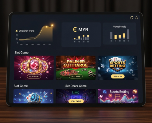 Sleek online casino dashboard with MYR currency symbol and abstract financial graphs, representing a cost guide for Malaysian online casinos.