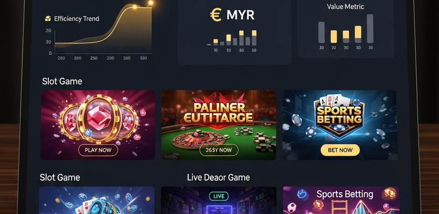 Sleek online casino dashboard with MYR currency symbol and abstract financial graphs, representing a cost guide for Malaysian online casinos.