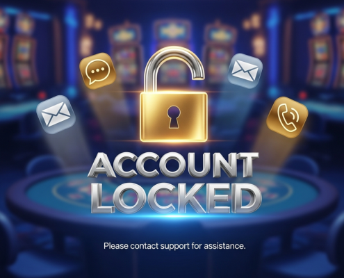 Digital interface of an online casino account displaying an 'Access Denied' message with a prominent padlock icon, surrounded by glowing symbols for live chat, email, and phone support, representing emergency recovery and security.