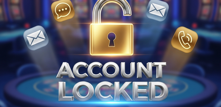 Digital interface of an online casino account displaying an 'Access Denied' message with a prominent padlock icon, surrounded by glowing symbols for live chat, email, and phone support, representing emergency recovery and security.