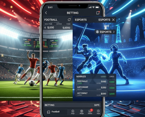 A premium mobile sportsbook interface showing live football betting on one side and dynamic esports betting on the other, set against a vibrant digital background, representing Malaysia's top sportsbooks.