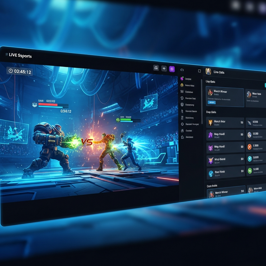 Depicts the integration of live esports streaming with betting markets, highlighting the dynamic nature of esports wagering in Malaysia.