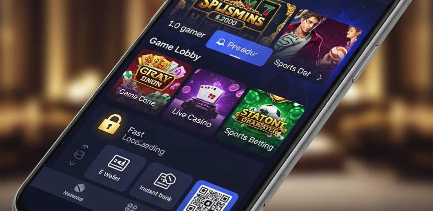 Premium mobile casino app interface displayed on a modern smartphone, showcasing fast loading, secure payment options, and a variety of games like slots and live casino, optimized for Malaysian players in 2026.