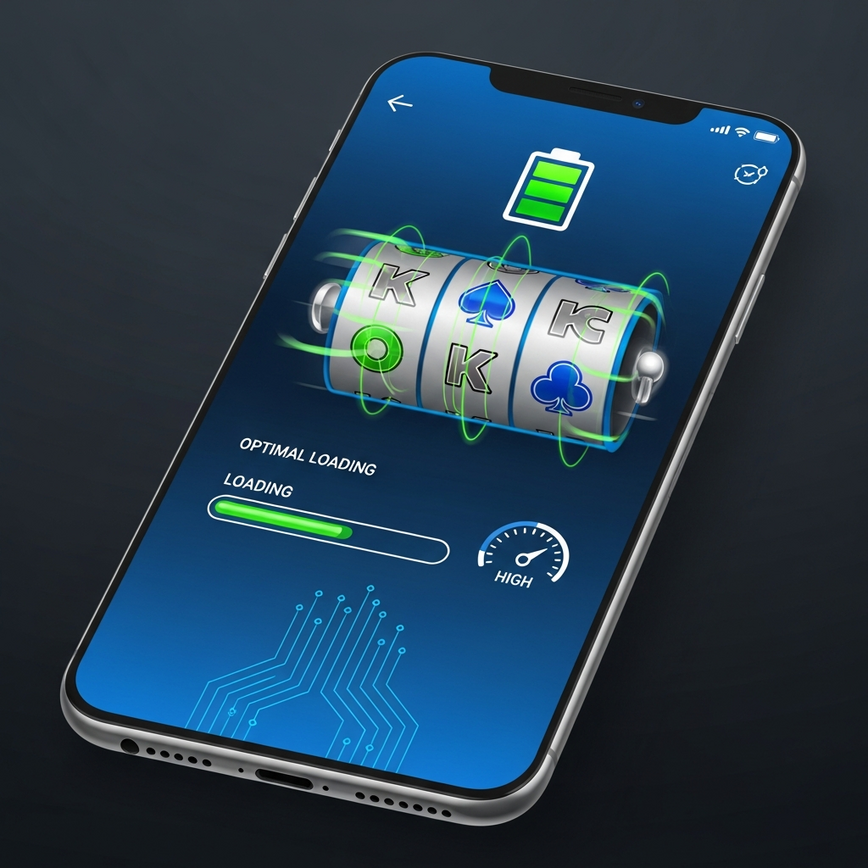 Illustrate the concept of a high-performance mobile casino app through visual metrics and smooth gameplay, reflecting the 'Performance Testing Methodology' section.