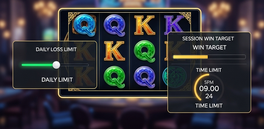 Modern online slot machine interface with prominent controls for setting daily loss limits, session win targets, and time limits, emphasizing responsible gaming and player control.