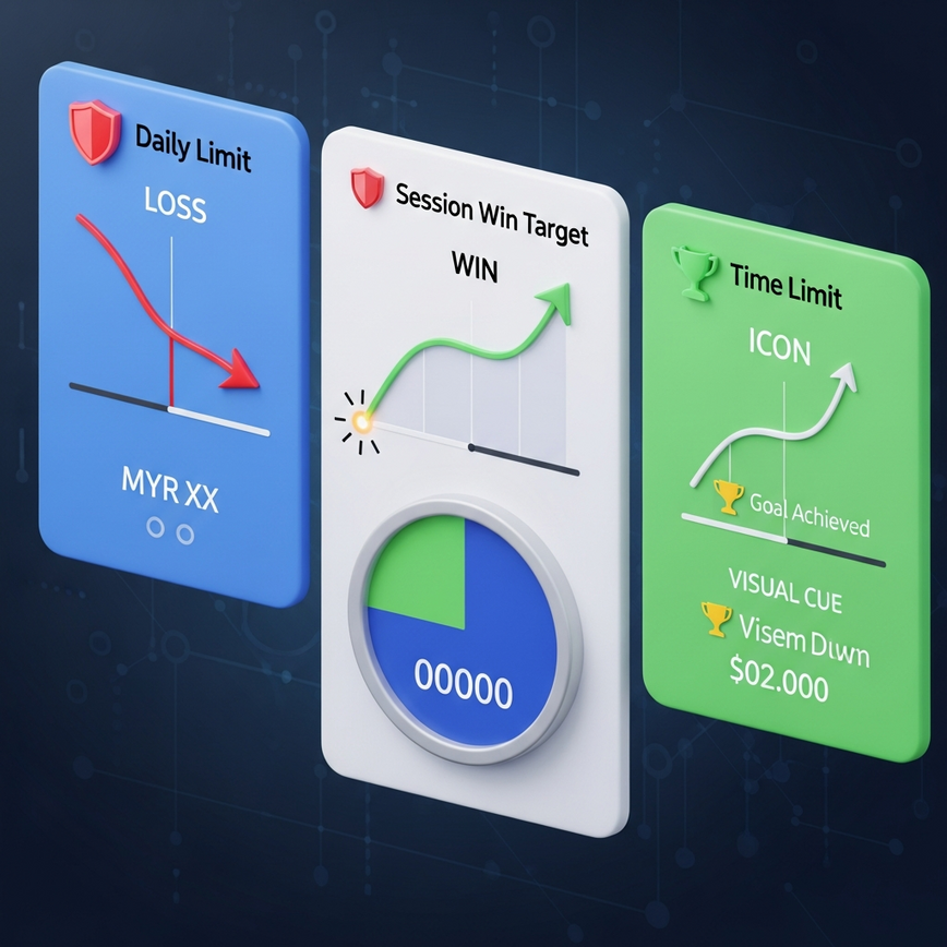 Illustrates the three core types of limits (Daily Loss, Session Win, Time-Based) discussed in the article, presented as clear, actionable elements within a gaming context.