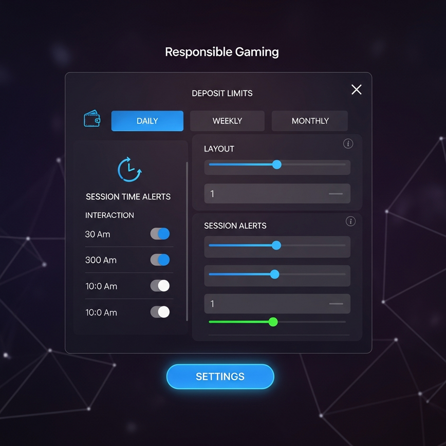 Visual representation of various platform-provided responsible gaming tools, such as deposit limits, session alerts, reality checks, and self-exclusion options, within a unified online casino settings interface.