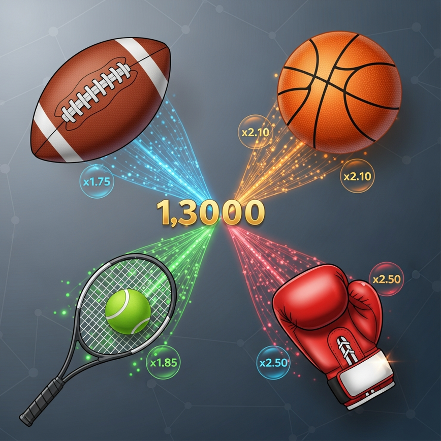 图示解释了多个独立投注(关卡)如何组合成一个串关,赔率相乘以显示派彩的指数级增长。