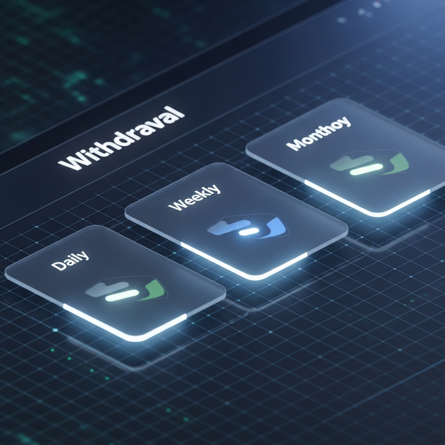 Illustrates the concept of different types of withdrawal limits (daily, weekly, monthly) in a clear, digital user interface format for an online casino.