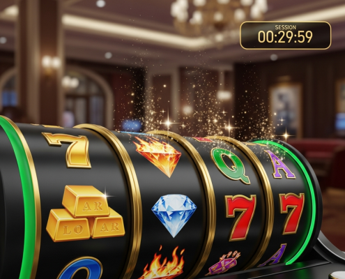 Modern online slot machine interface displaying spinning reels with winning symbols and a digital timer in the corner, symbolizing effective time management for responsible slot gaming.