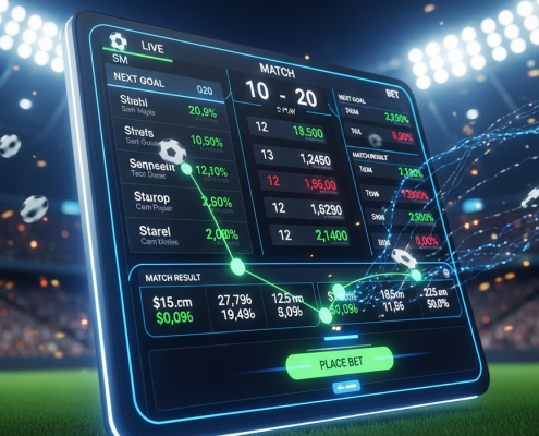 Sleek, futuristic online live sports betting interface displaying rapidly changing odds for a football match, with dynamic score updates and glowing UI elements, symbolizing real-time in-play wagering.