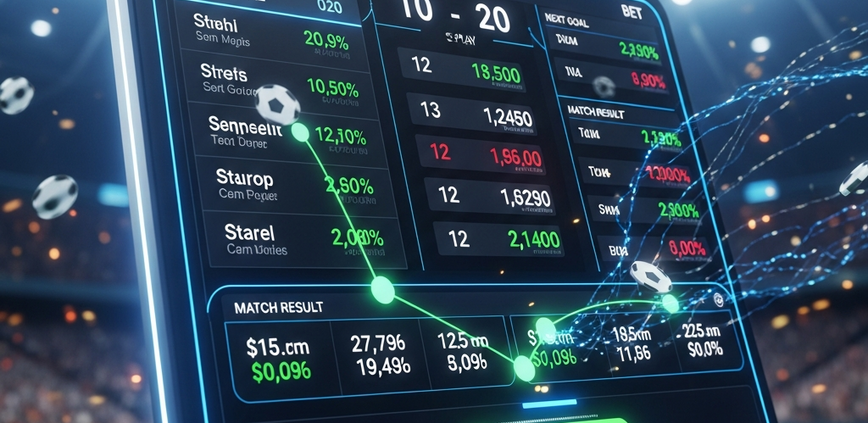 Sleek, futuristic online live sports betting interface displaying rapidly changing odds for a football match, with dynamic score updates and glowing UI elements, symbolizing real-time in-play wagering.