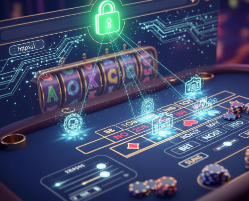 Sleek online casino interface with a prominent, glowing green padlock icon, symbolizing SSL encryption and secure data transmission for a trustworthy gaming experience.