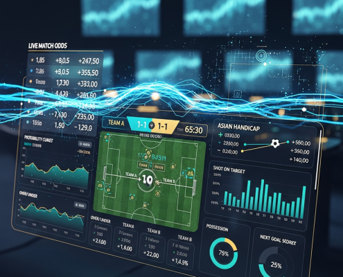 Dynamic sports betting interface displaying live football odds, Asian Handicap lines, and data analytics on a high-tech screen, representing the complex process of odds setting for bookmakers.