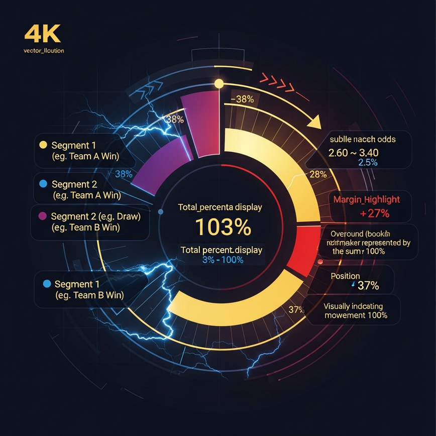 Visualizes the concept of bookmaker margin (overround) and dynamic line movement in sports betting, showing how odds adjust.