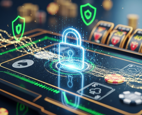 A vibrant digital padlock icon integrated into a sleek online casino interface, surrounded by glowing data streams and abstract casino game elements, symbolizing robust account security and data protection for online gaming.
