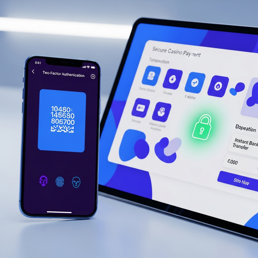 Depicts the implementation of Two-Factor Authentication (2FA) and secure payment methods for online casino accounts, emphasizing mobile security.