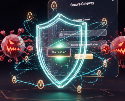 Digital shield icon protecting a premium online casino login interface, symbolizing robust two-factor authentication and advanced security against cyber threats.
