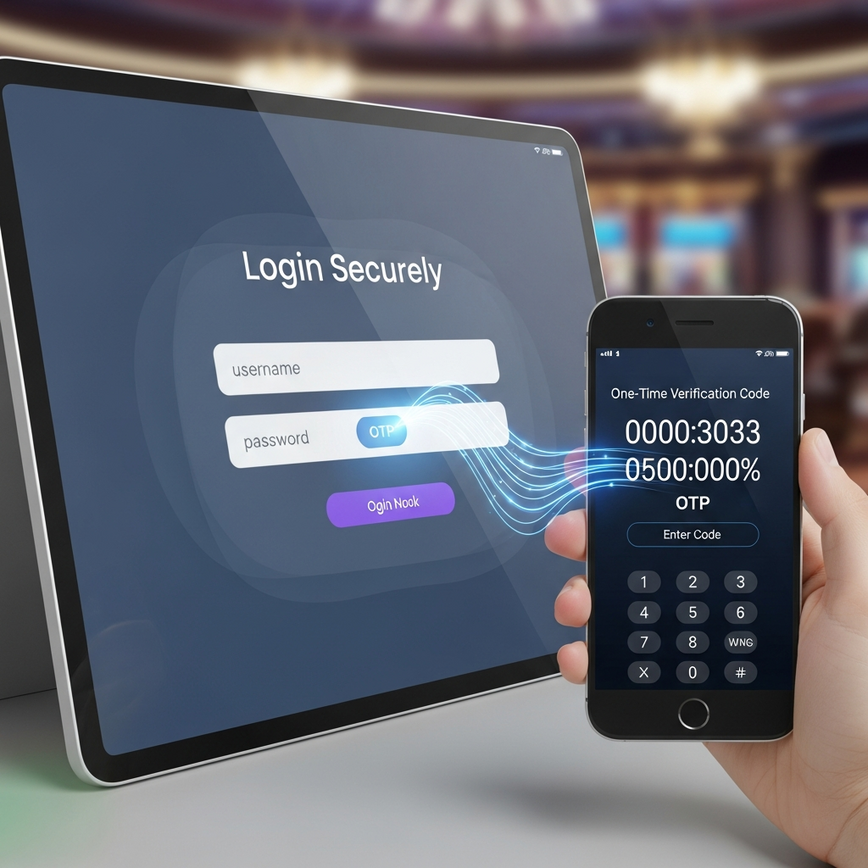 Illustrates the two factors of authentication: something you know (password) and something you have (phone with a code).