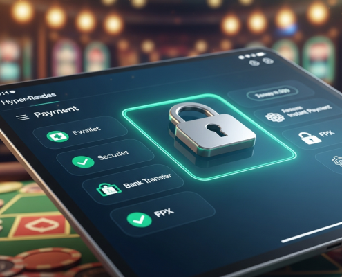 Sleek digital interface showing secure payment options like e-wallets and bank transfers for online casino players in Malaysia, with a prominent padlock icon.