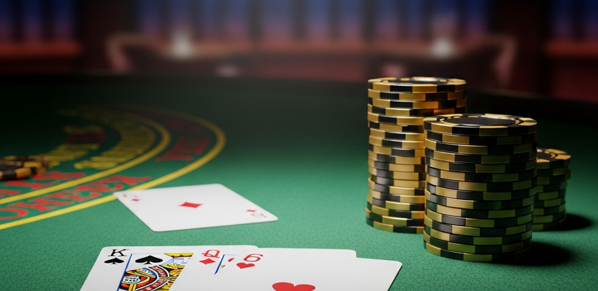 Close-up of a premium online blackjack table showing a player's strong hand and the dealer's weak upcard, with casino chips on vibrant green felt, representing strategic gameplay.