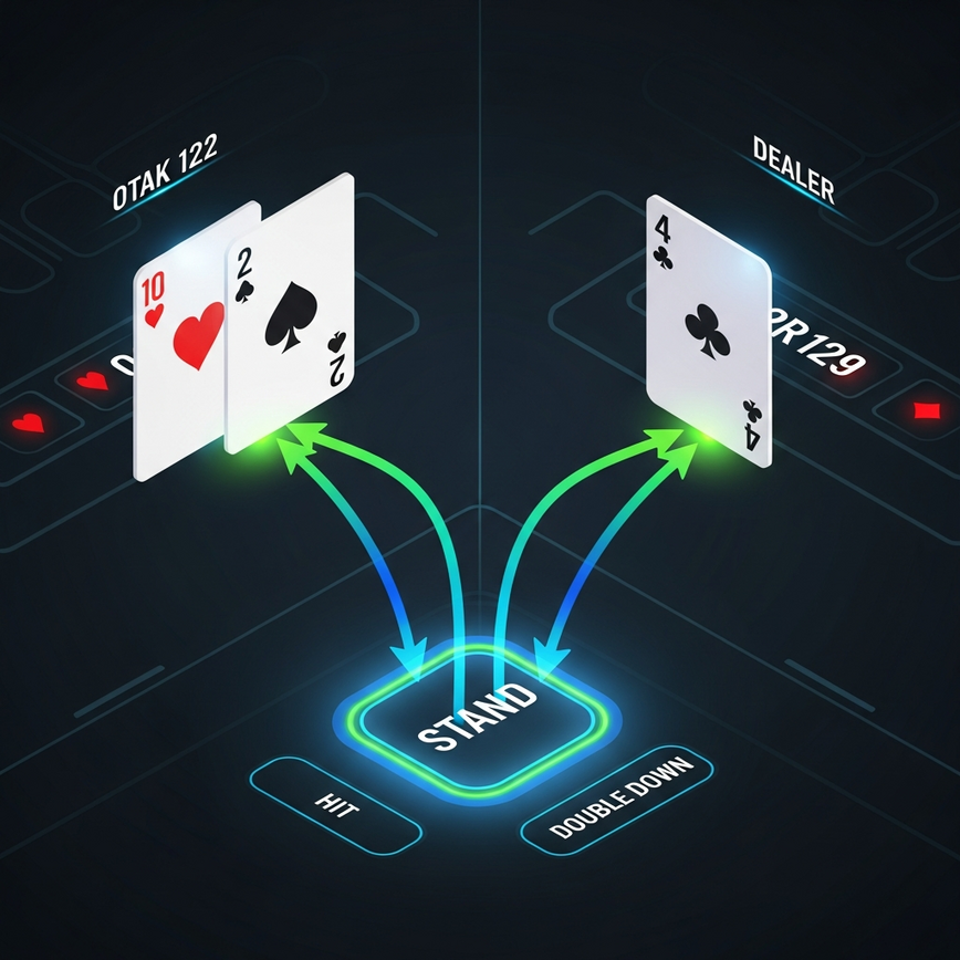 Illustrates the concept of the basic strategy chart and the decision-making process (Hit, Stand, Double Down, Split) in a clear, instructional manner without showing the full chart text.