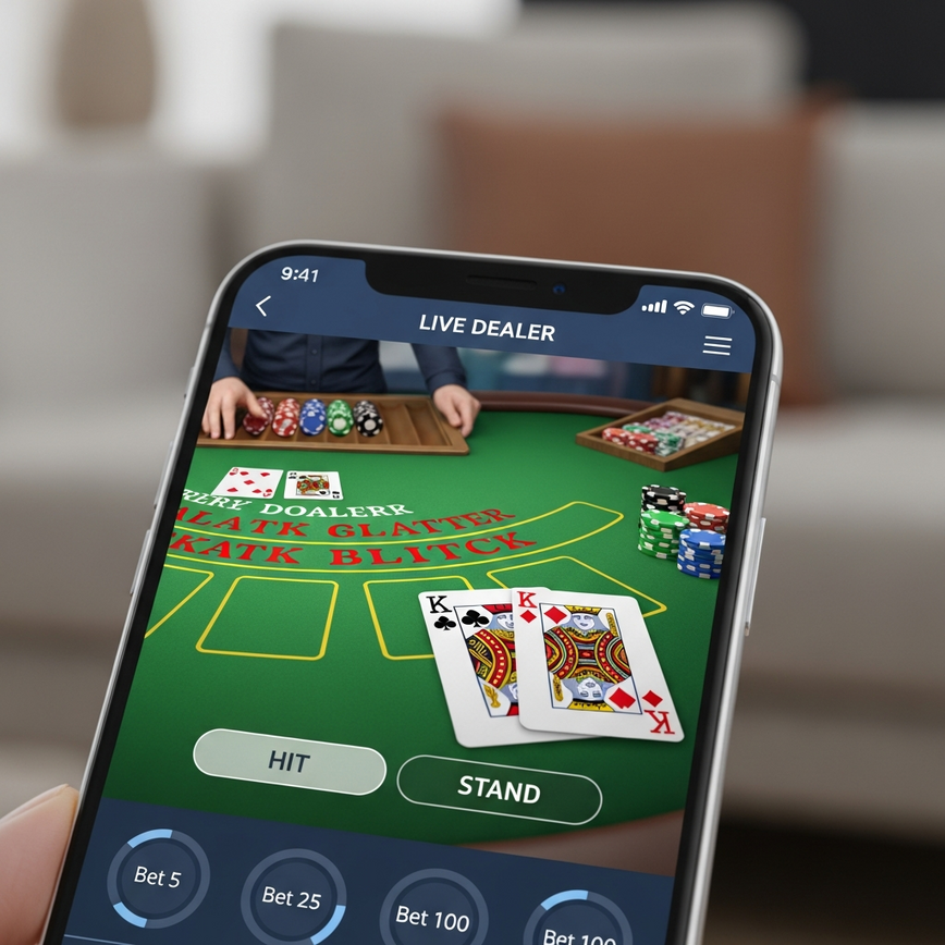Showcases the convenience and accessibility of applying blackjack basic strategy via a mobile app in a live dealer environment.