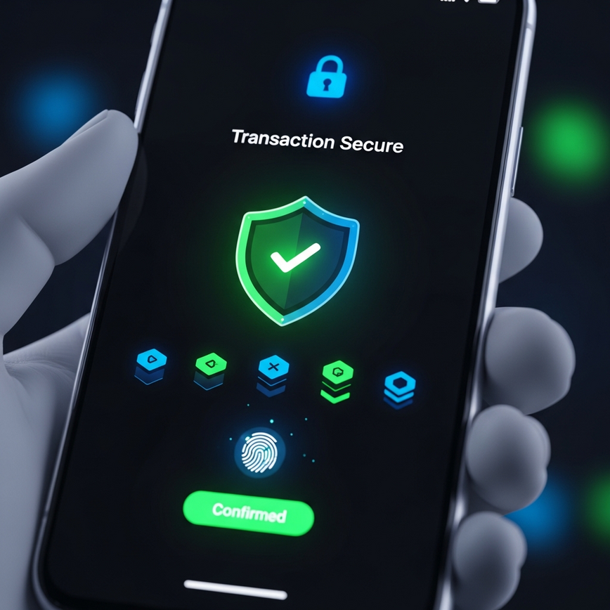Depicts the security of payment transactions and mobile gaming, highlighting features like tokenization and multi-factor authentication on a smartphone interface.