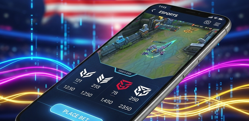 Dynamic smartphone displaying a live esports betting interface with game stream and odds, set against a futuristic digital arena with subtle Malaysian-inspired neon lights, representing online esports betting in Malaysia.