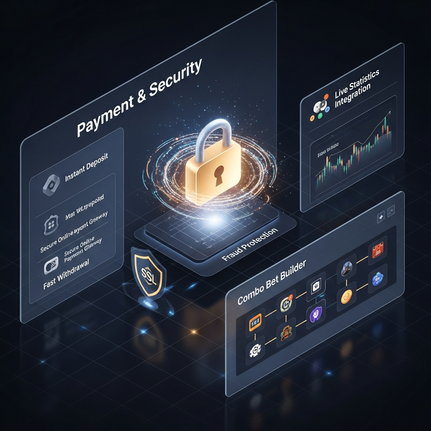 Visualizes the secure payment methods and advanced features of an online esports betting platform, combining financial trust with sophisticated betting tools.