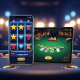 Side-by-side view of a sleek smartphone (Android) and a modern tablet (iOS) displaying vibrant online casino game interfaces, symbolizing the comparison of mobile gaming platforms in Malaysia.