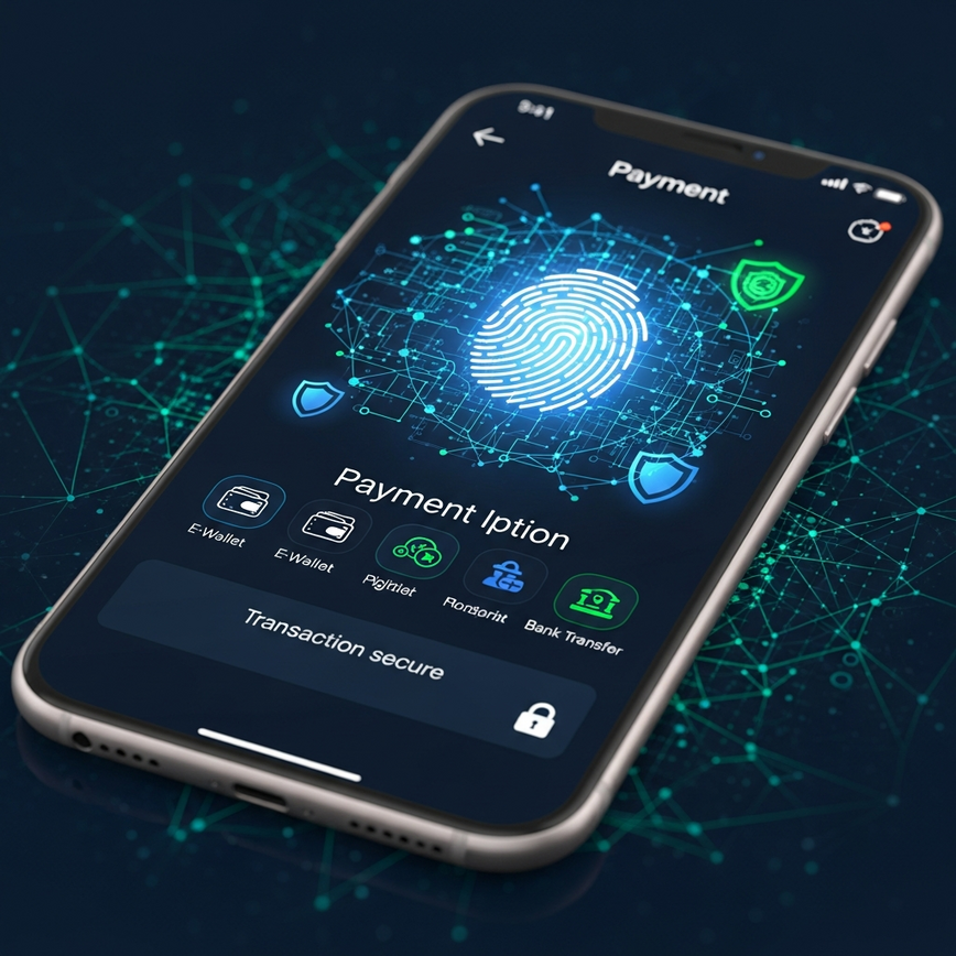 Represents secure payment processing and biometric authentication within a mobile casino app, emphasizing trust and protection.