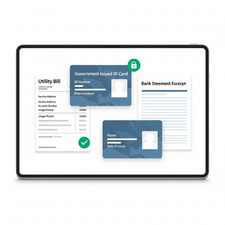 Illustrates the Know Your Customer (KYC) process, showing generic digital representations of identity verification documents required by licensed online casinos.