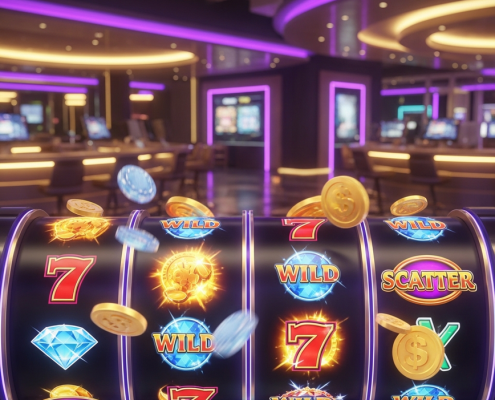 Vibrant, high-tech online slot machine interface with spinning reels showing winning symbols and glowing effects, set against a luxurious digital casino lobby background, representing online slots in Malaysia.