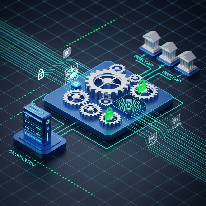 Illustrates the technical infrastructure and direct banking partnerships enabling fast payouts, focusing on API integration and automated processing.