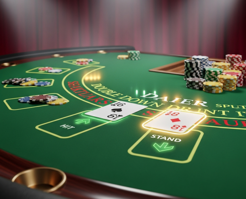 A premium online blackjack table with playing cards laid out, casino chips stacked, and subtle strategic decision cues, representing optimal basic strategy.