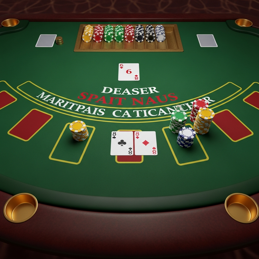 Visualizes the strategic action of 'Splitting Pairs' in blackjack, showing a hand being divided into two with an additional bet.