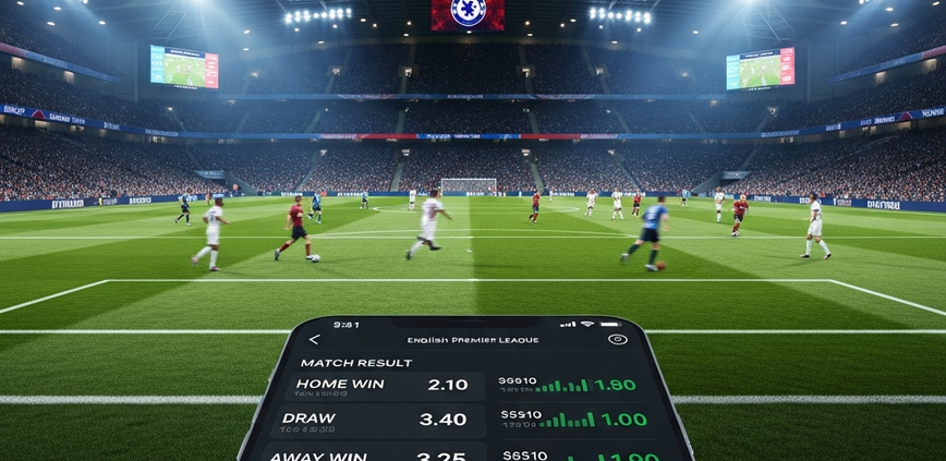 Dynamic EPL football stadium scene with a modern mobile sports betting interface overlayed, showing various match odds and betting markets in a sleek design, representing online football betting in Malaysia.